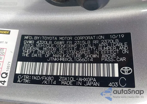 2020 Toyota C-Hr Xle z USA, uszkodzony, nr VIN JTNKHMBX2L1066014